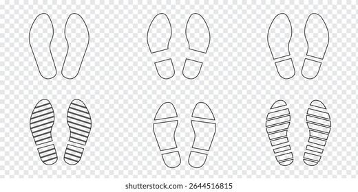 Human footprints icon set. Different human footprints. Human walking footprints shoes and shoe sole. Kids feet and Human foot steps Fun vector footsteps icon or sign for print. Eps 10.