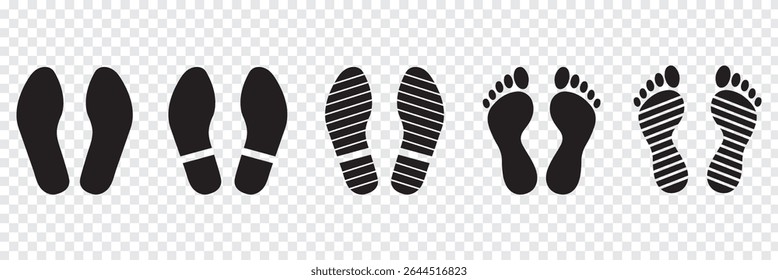 Human footprints icon set. Different human footprints. Human walking footprints shoes and shoe sole. Kids feet and Human foot steps Fun vector footsteps icon or sign for print. Eps 10.