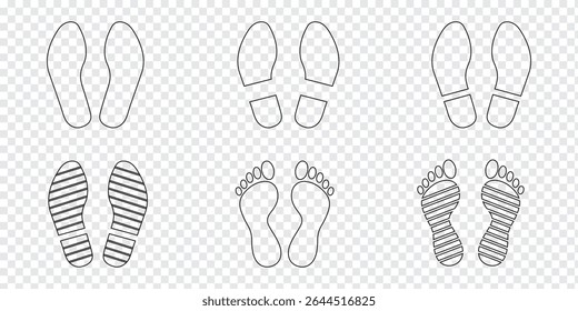 Human footprints icon set. Different human footprints. Human walking footprints shoes and shoe sole. Kids feet and Human foot steps Fun vector footsteps icon or sign for print. Eps 10.