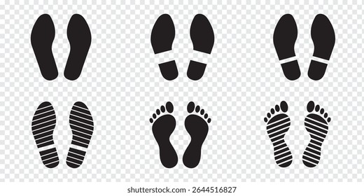 Conjunto de ícones de pegadas humanas. Diferentes pegadas humanas. Sapatos e sola de sapato humanos. Pés de crianças e passos de pé humano Ícone de passos vetoriais divertidos ou sinal para impressão. Eps 10.
