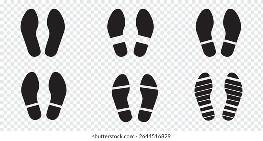 Human footprints icon set. Different human footprints. Human walking footprints shoes and shoe sole. Kids feet and Human foot steps Fun vector footsteps icon or sign for print. Eps 10.