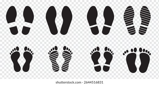 Conjunto de ícones de pegadas humanas. Diferentes pegadas humanas. Sapatos e sola de sapato humanos. Pés de crianças e passos de pé humano Ícone de passos vetoriais divertidos ou sinal para impressão. Eps 10.