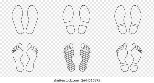 Human footprints icon set. Different human footprints. Human walking footprints shoes and shoe sole. Kids feet and Human foot steps Fun vector footsteps icon or sign for print. Eps 10.