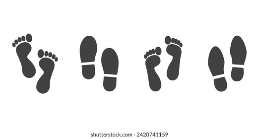 Human footprints icon set. Foot imprint, footsteps icon collection. Man and woman footprints silhouette. Shoes footstep icons vector illustration in transparent background.