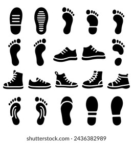 Human footprints icon set. Foot imprint, footsteps flat line black vector collection isolated on transparent background. Human footprints silhouette. Barefoot, sneaker and footstep for web and app.