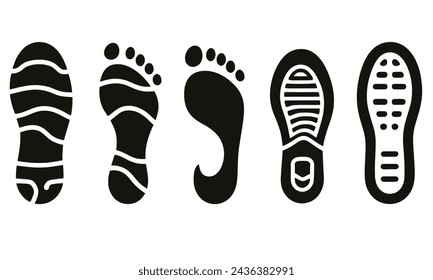 Human footprints icon set. Foot imprint, footsteps flat line black vector collection isolated on transparent background. Human footprints silhouette. Barefoot, sneaker and footstep for web and app.