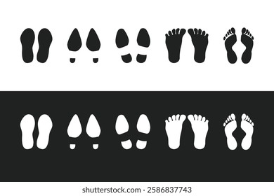 Human footprints isolated on black and white background. Human traces, track, shoe, tracking, sole, shoeprints stock vector illustration 