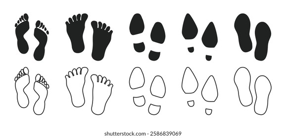 Human footprints isolated on black and white background. Human traces, track, shoe, tracking, sole, shoeprints stock vector illustration 