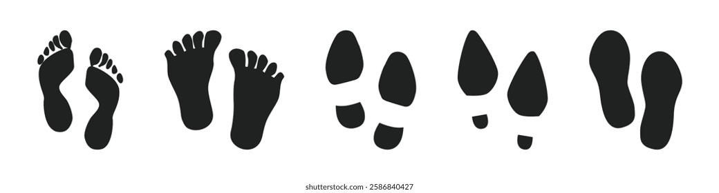 Human footprints isolated on black and white background. Human traces, track, shoe, tracking, sole, shoeprints stock vector illustration 