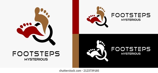 Human footprints logo design template in silhouette and magnifying glass icon with creative and cool concept. premium vector logo illustration