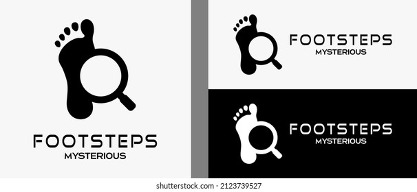 Human footprints logo design template in silhouette and magnifying glass icon with a creative and simple concept. premium vector logo illustration