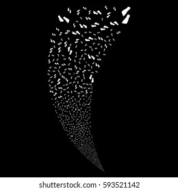 Human Footprints random fireworks stream. Vector illustration style is flat white iconic symbols on a black background. Object fountain organized from scattered icons.