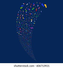 Human Footprints random fireworks stream. Vector illustration style is flat bright multicolored iconic symbols on a blue background. Object fountain combined from scattered icons.