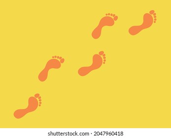 Human footprints in the sand, foot and toe print on yellow background, vector illustration