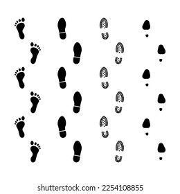 Human Footprints. Set of Footprints with bare feet, boots and womens shoes. Vector illustration.