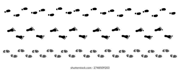 Human footprints set tracking path. Barefoot footprint trail of human mark. Footprint path simple silhouette.
