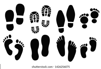 Human footprints set, vector illustration. Adult and baby shoes, barefoot stickers	