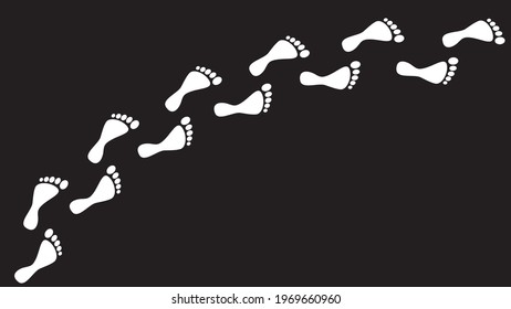 Human footprints silhouette paths. White bare foot print in path on black background. Clip-art vector illustration.