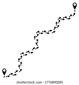 Human footprints track. Footsteps route, walking feet tracks with pin, human foot steps way track silhouette vector illustration. Path silhouette human print, track walk footprint