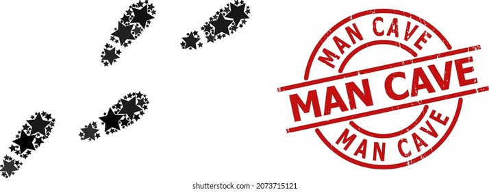 Human footprints trail star mosaic and grunge Man Cave badge. Red stamp with corroded texture and Man Cave tag inside circle.