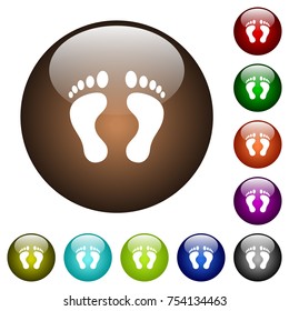Human Footprints white icons on round color glass buttons