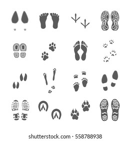 Human footwear and soles imprints birds feet and animal paws black prints collection white background vector illustration 