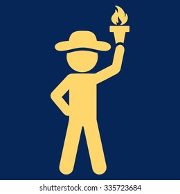 Human With Freedom Torch vector icon. Style is flat symbol, yellow color, rounded angles, blue background.