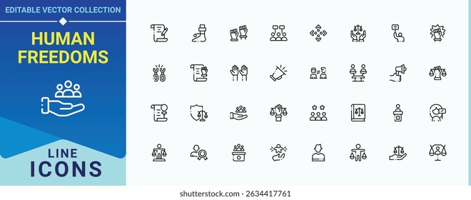 Conjunto de iconos de libertades humanas. Con Asistencia, paz, hombre, libertad, gente y más. Icono de Derechos Humanos. Colección de iconos web de línea simple. colecciones de Vector.