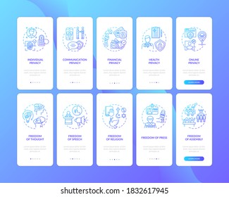 Human freedoms and privacy onboarding mobile app page screen with concepts set. Freedom of assembly. Walkthrough 5 steps graphic instructions. UI vector template with RGB color illustrations