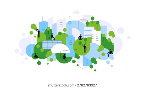 Human friendly city. City greening and cooling. Green urbanistics. Healthy urban infrastructure, environment and sustainability. City skyline. Simple geometric flat illustration. Vector file.