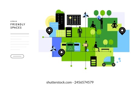 Human friendly urban spaces and city greening. Urban recreation places. Eco lifestyle and smart city. Abstract map, infographic element. Flat illustration. Vector file.