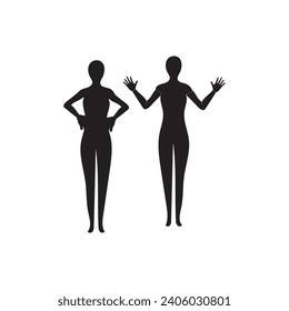 Human full body icon illustrations . Black silhouettes of men and women on a white background. Male and female gender. Figure of human body.