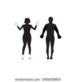 Human full body icon illustrations . Black silhouettes of men and women on a white background. Male and female gender. Figure of human body.