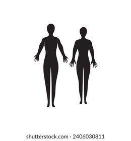 Illustrationen von menschlichen Ganzkörpersymbolen . Schwarze Silhouetten von Männern und Frauen auf weißem Hintergrund. Männliches und weibliches Geschlecht. Abbildung des menschlichen Körpers.