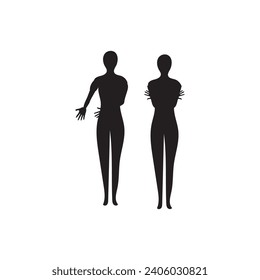 Icono de cuerpo completo humano . Siluetas negras de hombres y mujeres con un fondo blanco. Género masculino y femenino. Figura del cuerpo humano.