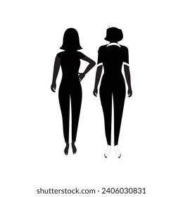 Illustrationen von menschlichen Ganzkörpersymbolen . Schwarze Silhouetten von Männern und Frauen auf weißem Hintergrund. Männliches und weibliches Geschlecht. Abbildung des menschlichen Körpers.