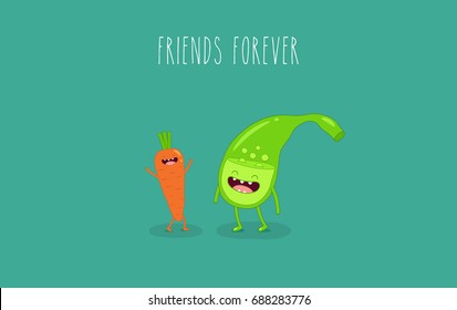 Human gallbladder. Carrot it is healthy food for gallbladder. Vector illustrations. Use fo the menu, in the shop, in the bar, the card or stickers. Easy to edit.