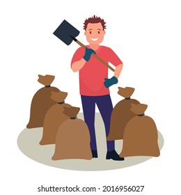 A human garbage collector . Garbage Collection. A man dressed in a uniform on an isolated background. Vector illustration in a flat style.