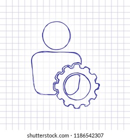 human with gear icon. Hand drawn picture on paper sheet. Blue ink, outline sketch style. Doodle on checkered background