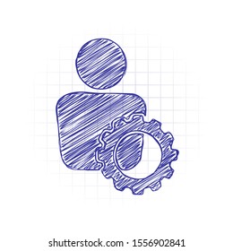 human with gear icon. Hand drawn sketched picture with scribble fill. Blue ink. Doodle on white background