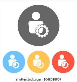 human with gear icon. Set of white icons on colored circles