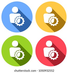 human with gear icon. Set of white icons with long shadow on blue, orange, green and red colored circles. Sticker style