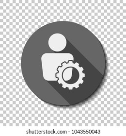 human with gear icon. White flat icon with long shadow in circle on transparent background