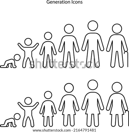 human generation family vector icon illustration set. Stickman parents, kids, grandparents aging process on white background.