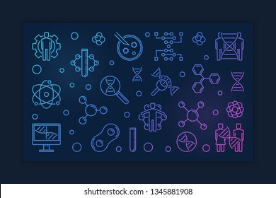 Human Genetic Modification outline colorful banner. Vector Genetics and Science horizontal illustration on dark background