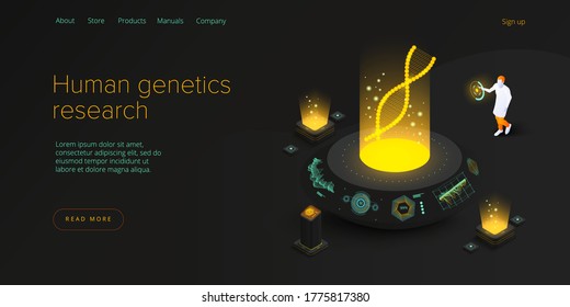 Human genetics concept in isometric vector illustration. Dna molecule or gene research technology. Medical innovations or biotechnology science background. Biology web banner template.