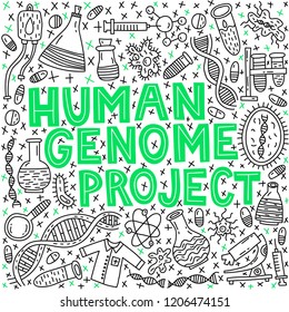 Human genom project. Lettering with doodle illustration
