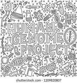 Human genom project. Lettering with doodle illustration