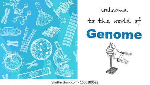 Human genome project. Health and biochemistry laboratory of nanotechnology. Molecule helix of dna, genome, gene evolution. Genome clone sequence concept landing page. Sketch style vector illustration