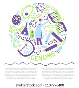 Human Genome research. DNA technology symbols in Vector. Hand drawn elements.